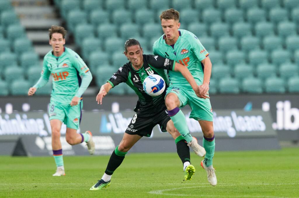 Western United's Lachie Wales in action against Perth Glory at UTAS Stadium in April 2022. Picture by Phillip Biggs