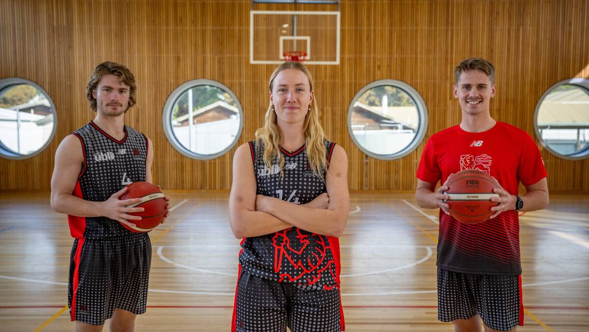 University of Tasmania basketballers Alex Bestwick, Josie Pinkerton and Ruben Carlsson. 