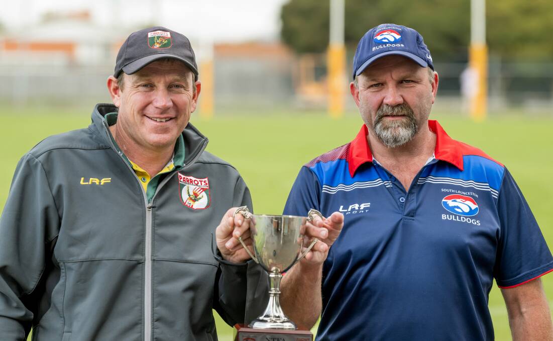 Bridgenorth president Bobby Beams and South Launceston president Steve Hibbs with the cup at Youngtown Oval. Picture by Phillip Biggs 