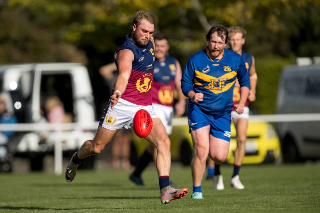 Old Scotch recruit Josh Frankcombe kicks long in his team's win against Evandale at Morven Park. Picture by Phillip Biggs