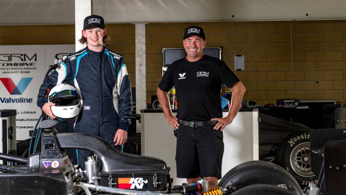 Tasmanian driver Campbell Logan with Supercars and NASCAR legend Marcos Ambrose earlier this year. Picture by Phillip Biggs 