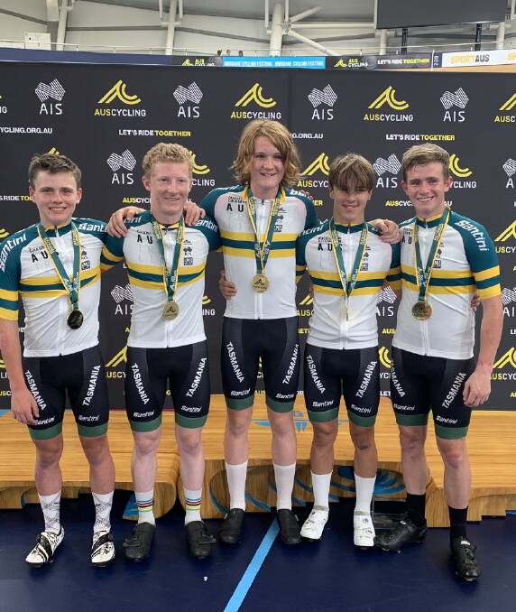MOMENT TO SAVOUR: Alex Eaves, Dylan Rogers, Jonas Shelverton, Lachlan Oliver and Nick Broxam after their under-17 team pursuit success. Pictures: AusCycling