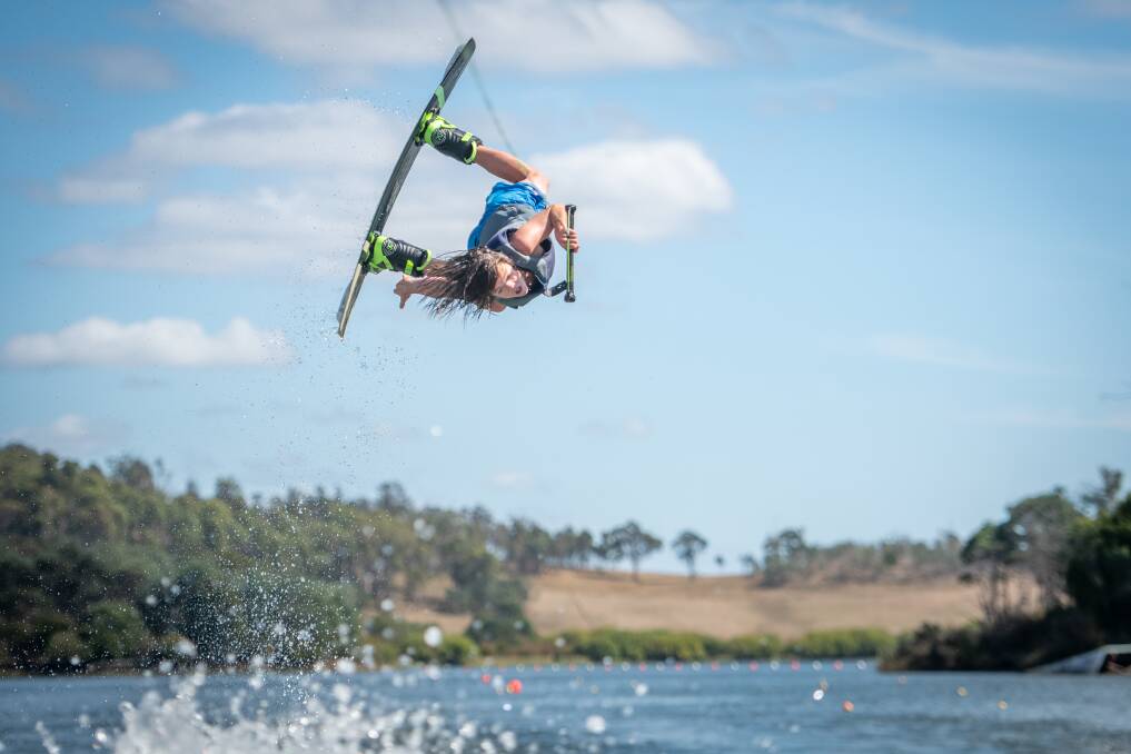 AIR-TIME: Charlie Ten Broeke, 14, during Tasmanian Wakeboarding competition round two at Trevallyn Dam. Picture: Paul Scambler