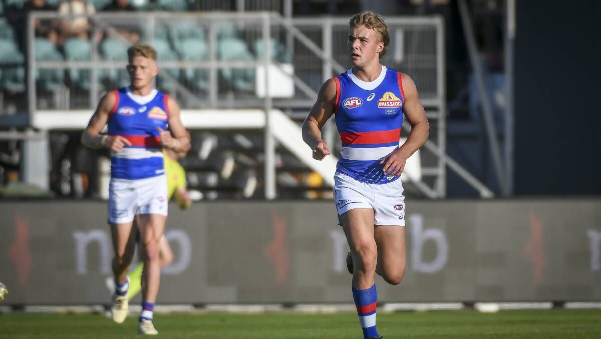 North Launceston product Ryley Sanders playing for the Western Bulldogs at UTAS Stadium in March. Picture by Craig George 