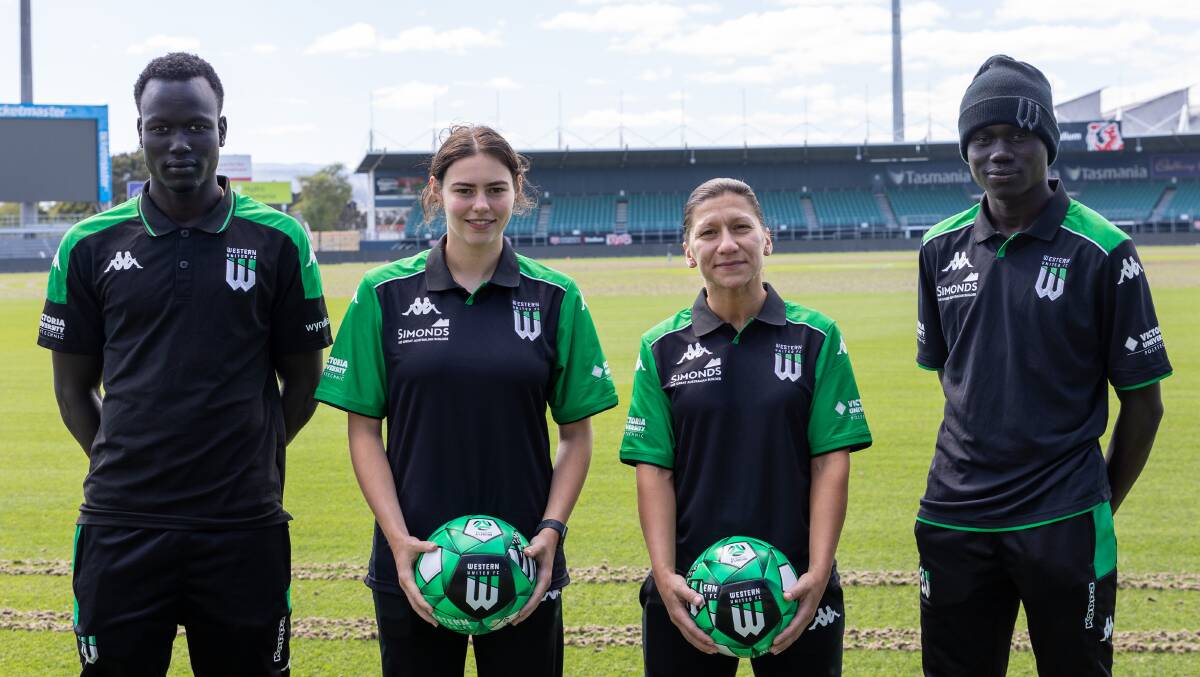 NOT LONG TO WAIT: Western United's Ajak Deu, Alyssa Dall'Oste, Aleksandra Sinclair and Ayom Majok at UTAS Stadium. Picture: Cameron Towns