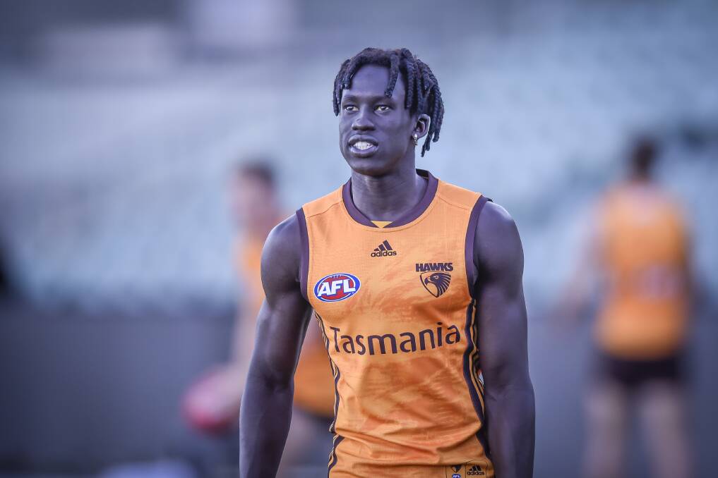 PODCAST GUEST: Hawthorn's Changkuoth Jiath training at UTAS Stadium last year. He has been on Dyl and Friends. Picture Craig George. 