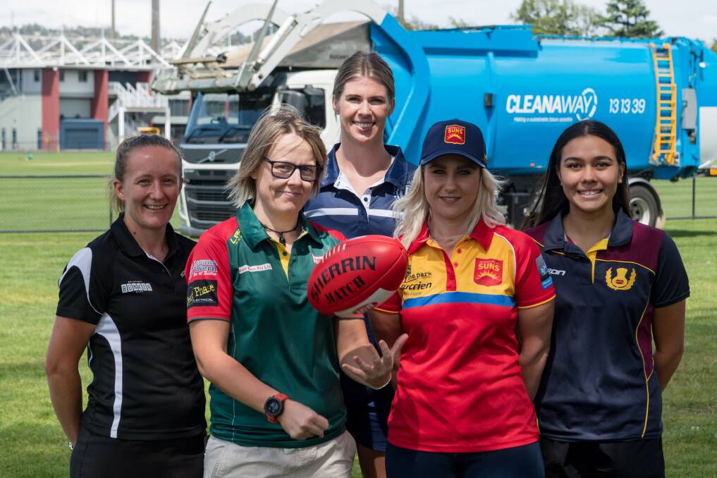 EXCITING TIMES: Scottsdale's Alex Hall, Bridgenorth's Emily Nunn, Old Launcestonians' Abbey Green, Meander Valley Suns' Kate Bowland and Old Scotch's Eliza Matthews at Invermay Park. Pictures: Phillip Biggs