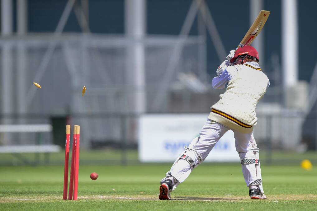 Mowbray batter Brock Whitchurch is bowled by Ed Faulkner after making 89 from 68 balls against Launceston at Invermay Park on Saturday. Launceston won the contest after gaining the upper hand on day one. Pictures by Phillip Biggs 