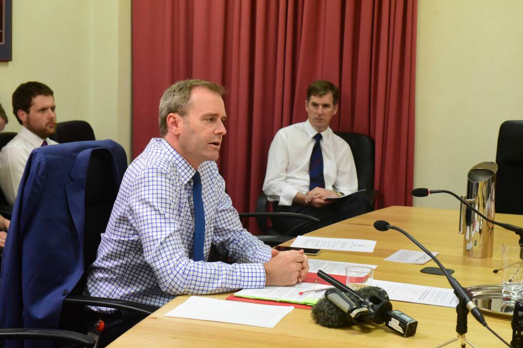 Michael Ferguson speaks at the Legislative Council inquiry into Tasmania's health system as the AMA Tasmania's Dr Stuart Day looks on. Picture: Paul Scambler