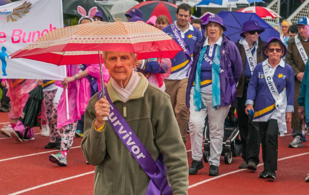 Walking on: Survivor Dot McCarron at the start of the survivors and carers' lap at the 2018 Relay for Life. Picture: Phillip Biggs