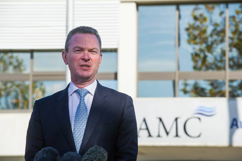 Naval future: Defence Minister Christopher Pyne outside the Australian Maritime College in 2017. Picture: Scott Gelston