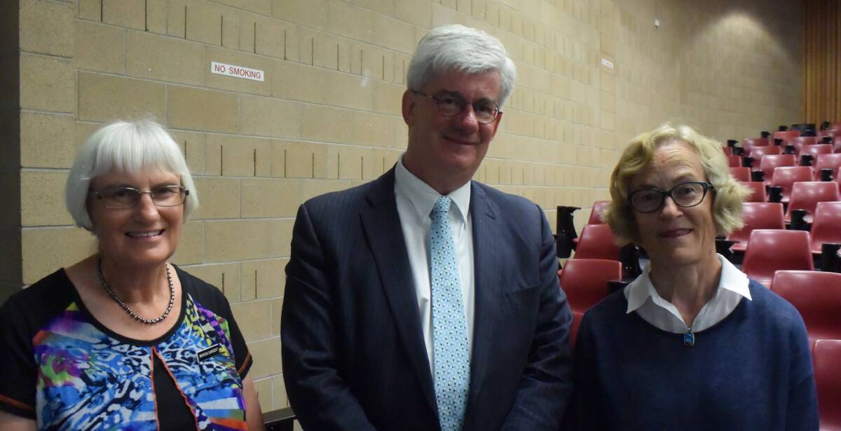 Economy, education: Marion Sargent of the Launceston Historical Society, Saul Eslake, and attendee Kate Fenton at the John West Memorial Lecture.