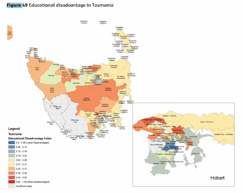 How Tasmania's disadvantage is spread across the state. Map: Educate Australia Fair report