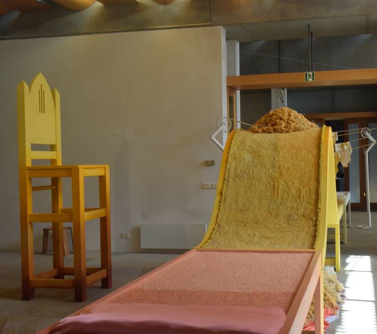 Pro paradox: A yellow throne follows use of wool, crystals, timber and other materials.