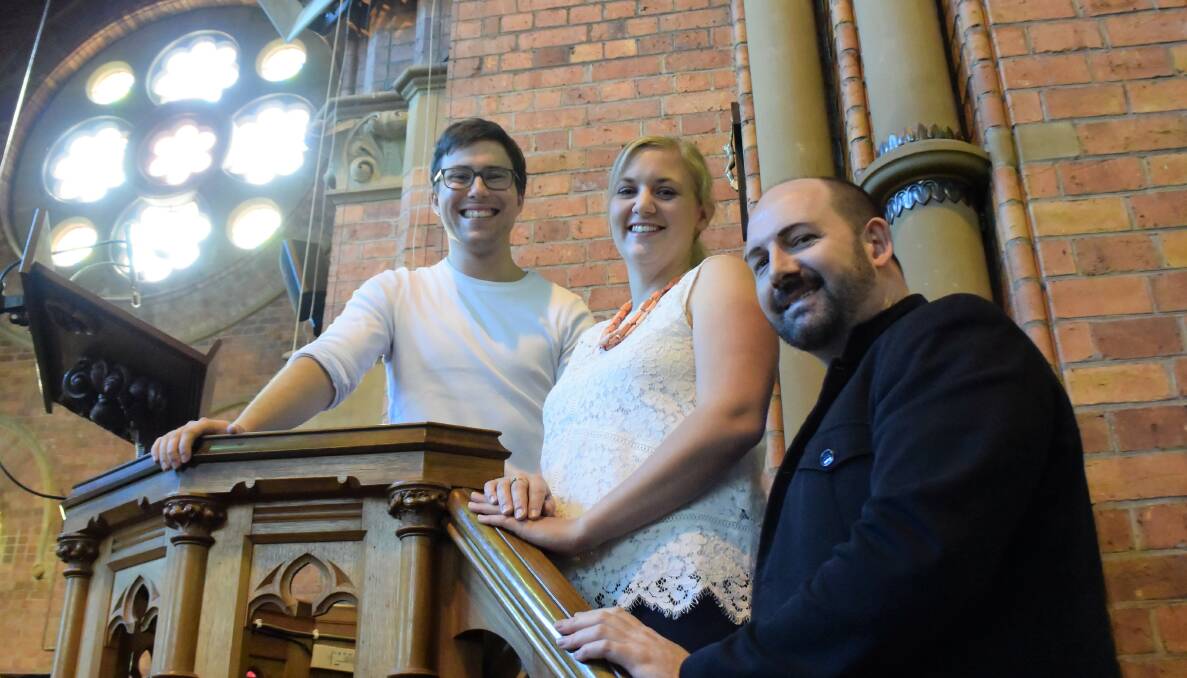 Baroque: Counter-tenor Nicholas Tolputt, soloist Elizabeth Rowlings, and teacher Ben Martin in the Holy Trinity Church, Launceston.