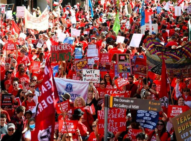 Teachers come together to pressure government for improved wages and working .conditions. Photo Canberra Times