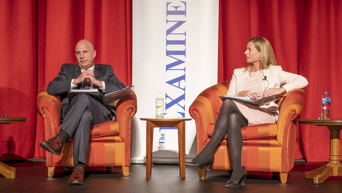 Premier Peter Gutwein and Opposition leader Rebecca White on stage at the Premier's Debate. Picture: Craig George