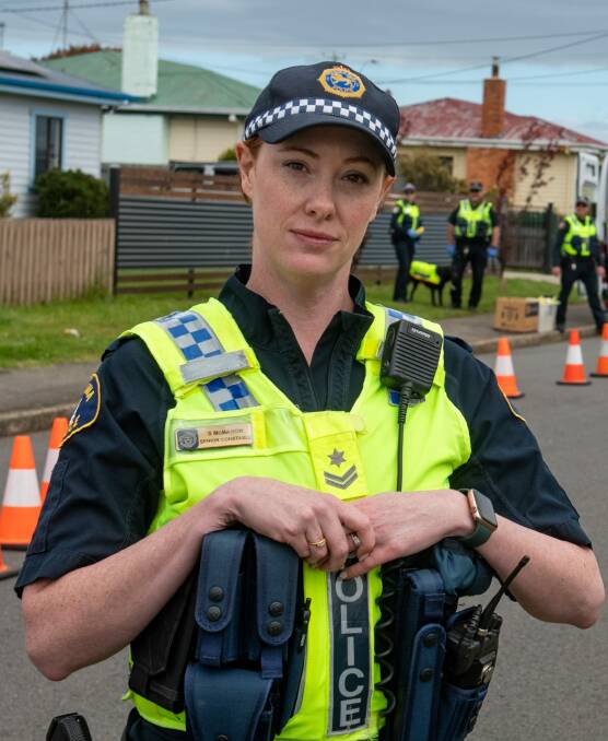 Senior Constable Shannon McMahon at a police traffic operation in Hume Street, Newnham.