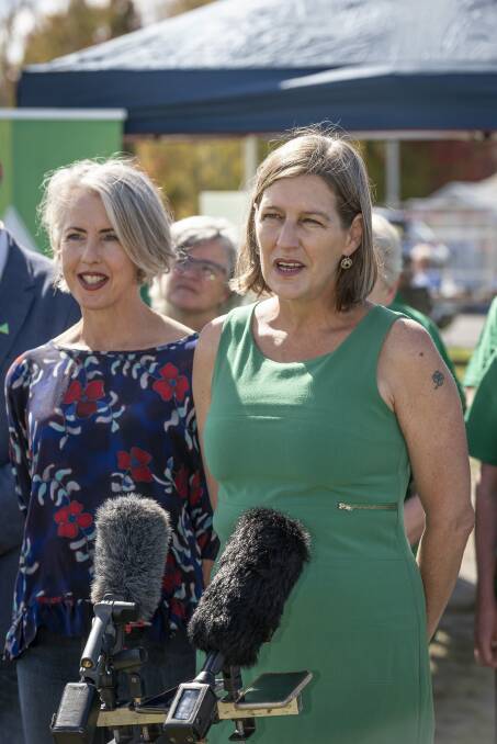 Tasmanian Greens leader Cassy O'Connor speaking at a press conference in April. 