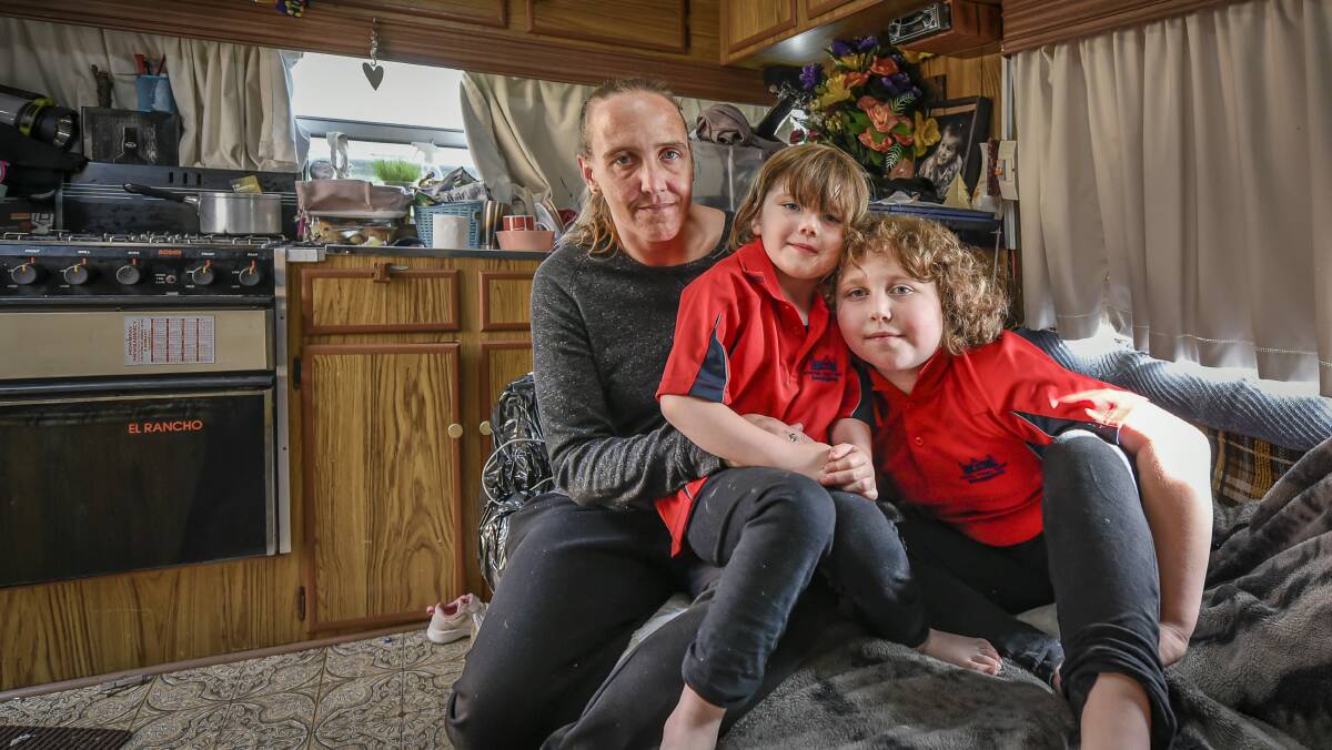 NOWHERE LEFT: Stacey Lodge with daughters Scarlett Foon (5) and Kendyl Towns (8) in their campervan. Picture: Craig George