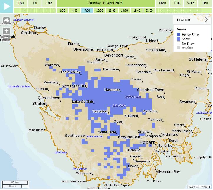 Snow forecast for Tasmania this weekend. Picture: Bureau of Meteorology 