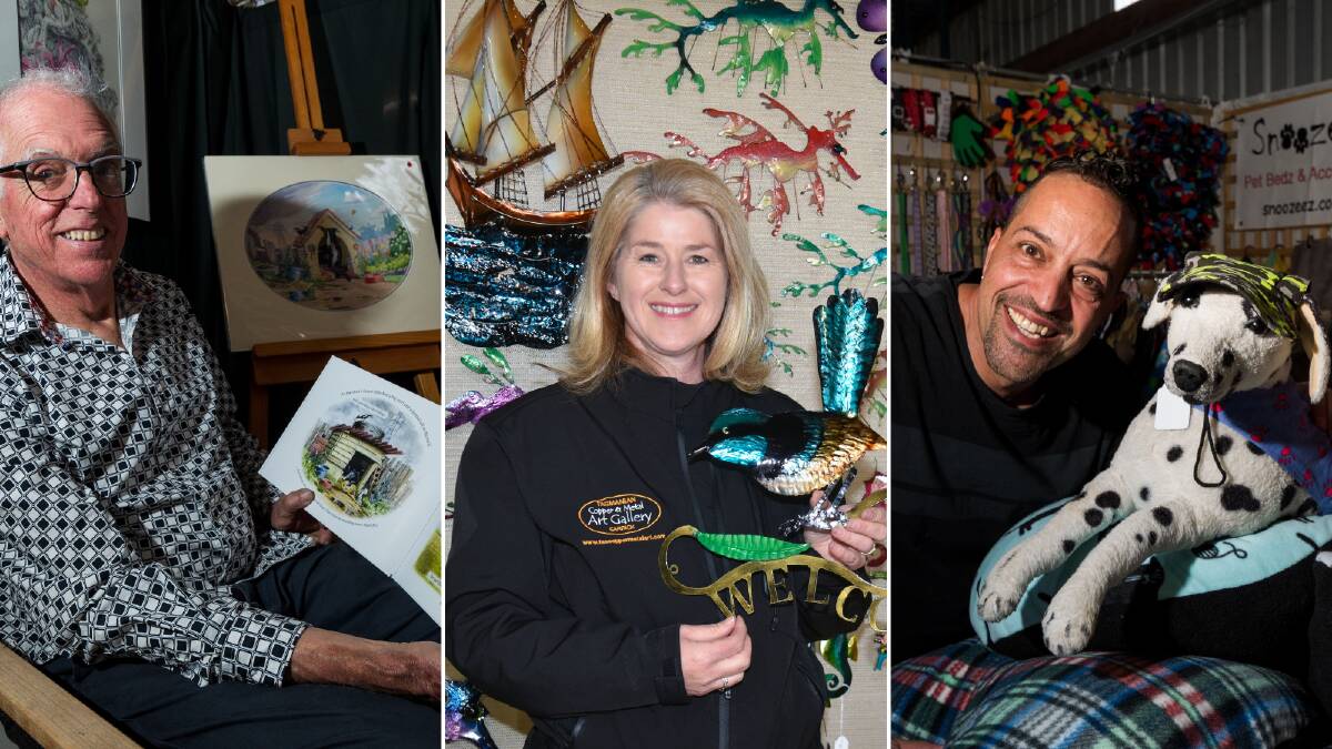 Graeme Whittle, Gail Marik and Tony Vassallo at the Tasmanian Craft Fair in 2019. Picture: Phillip Biggs