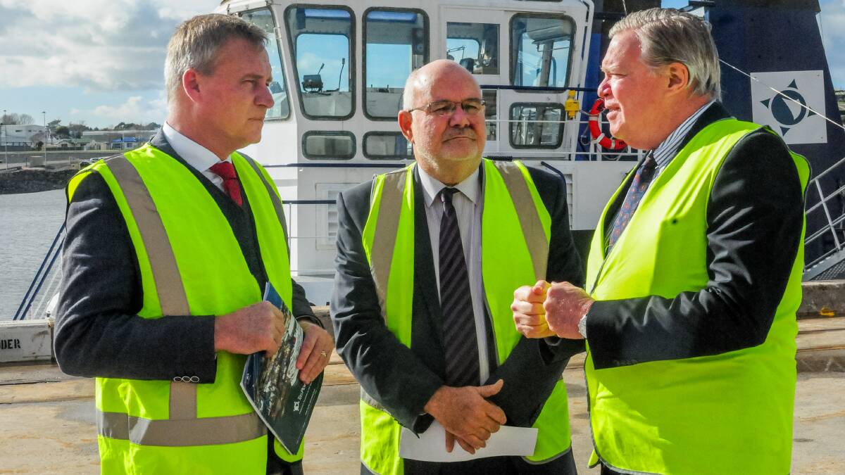 BIG PLANS: Infrastructure Minister Jeremy Rockliff, TasPorts chairman Stephen Bradford and TasPorts chief executive Paul Weedon in Devonport on Thursday. Picture: Neil Richardson