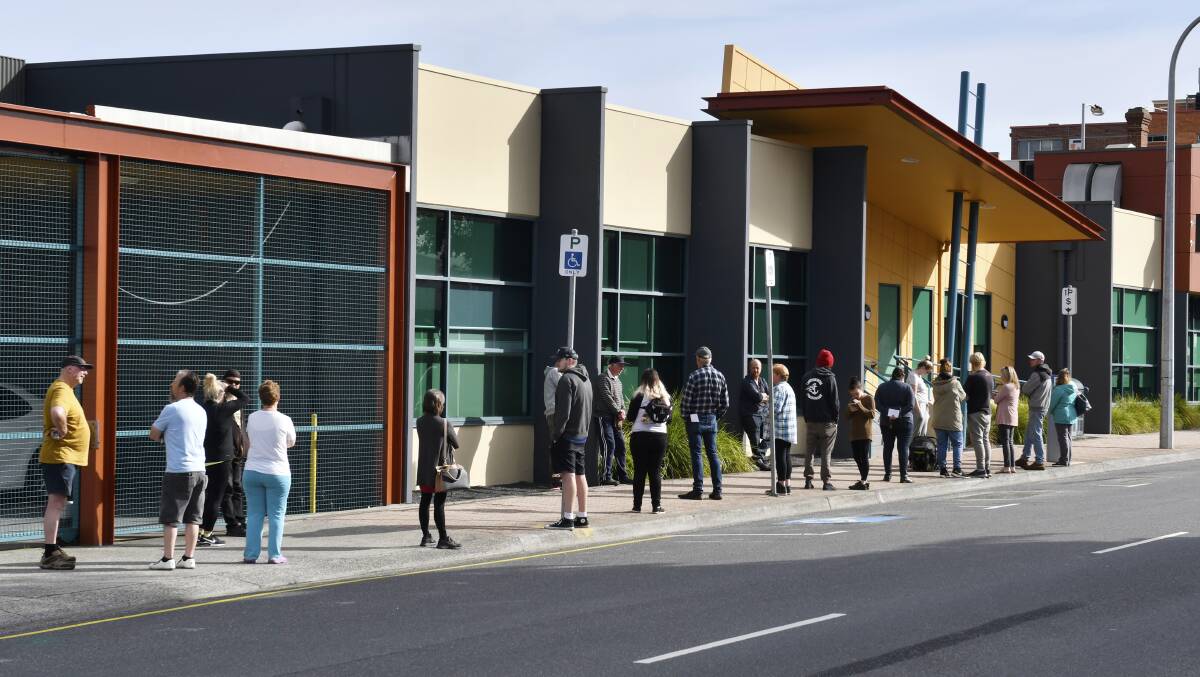A Centrelink line in March last year as the pandemic and related restrictions threw thousands of Tasmanians out of work. Picture: Brodie Weeding.