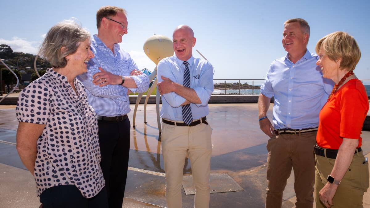 CATCH-UP: Premier Peter Gutwein with fellow Liberal MPs Leonie Hiscutt, Roger Jaensch, Jeremy Rockliff, and Joan Rylah. Picture: Simon Sturzaker.