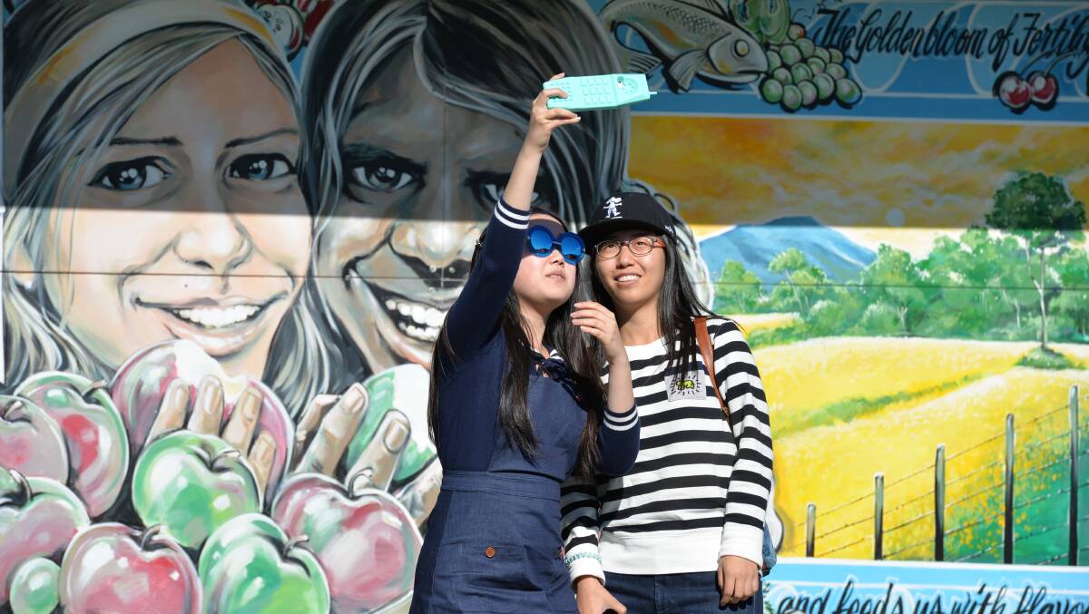 LOCAL COLOUR: Chinese visitors Yifan Jiang and Xun Wang check out the murals at Sheffield. Picture: Brodie Weeding.