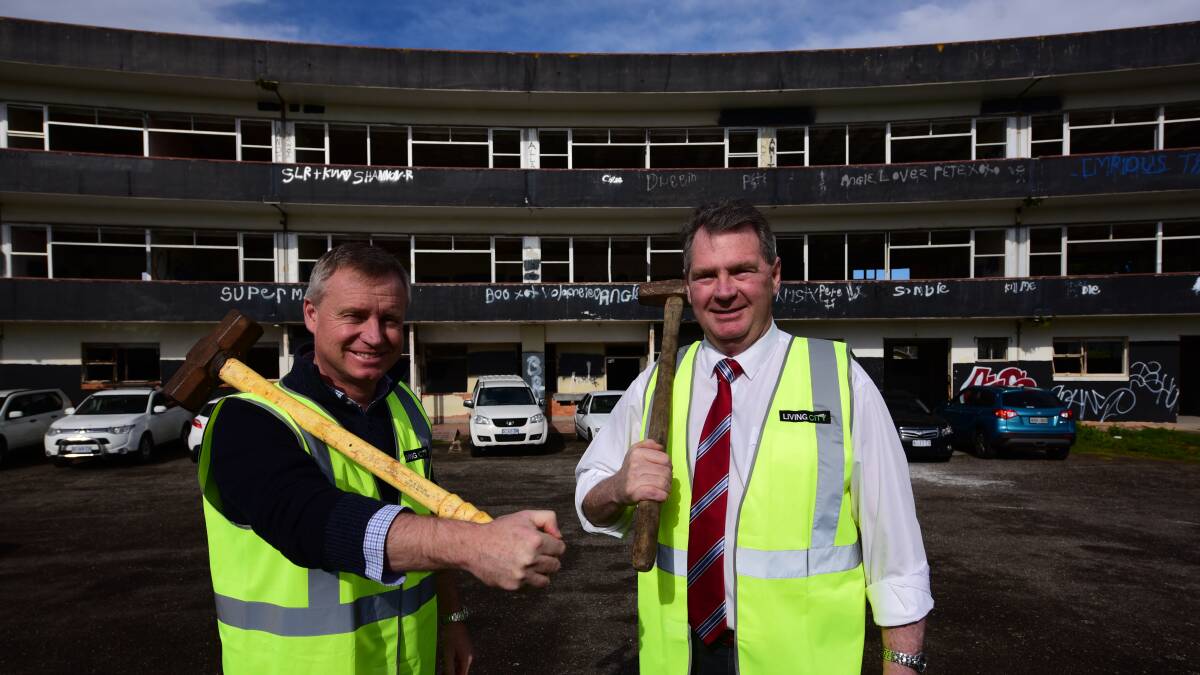 DEMOLITION MEN: Deputy Premier Jeremy Rockliff and Devonport Mayor Steve Martin at the soon-to-be demolished old maternity hospital in Steele Street. The site has been a major eyesore for many years. Picture: Paul Scambler.