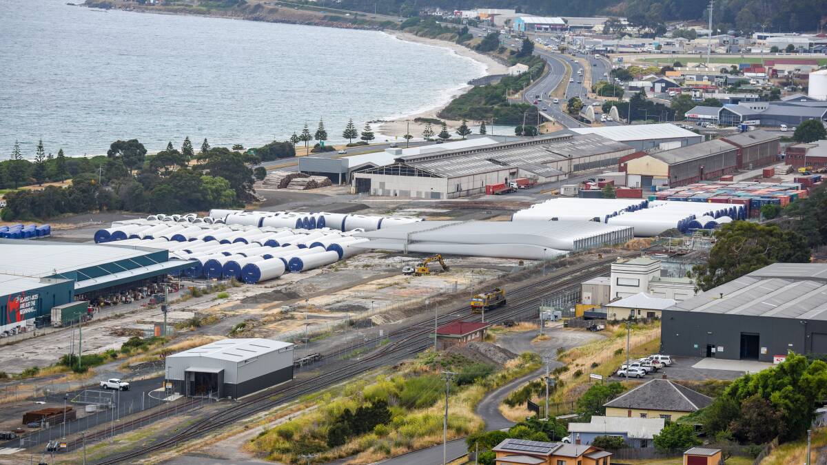 BIG PROJECT: Wind farm components stored on former "Pulp" land in Burnie. The land, owned by Spicers Limited, is earmarked for sale to two North-West businessmen. Picture: Paul Scambler.