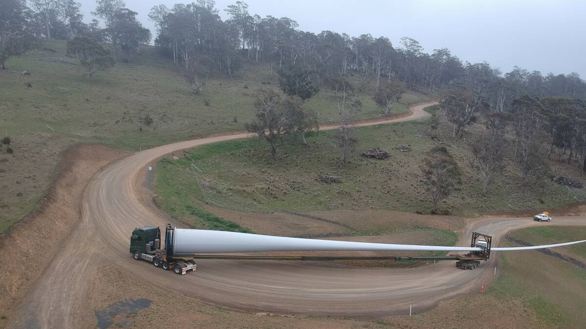 A wind turbine blade being taken to Cattle Hill during 2019.