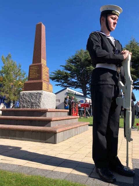 CENOTAPH: A cadet stands guard at the St Helens Cenotaph. About 550 people attended services at the town on Wednesday. Picture: Supplied