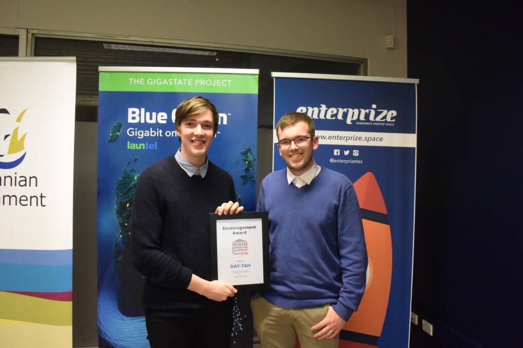 AWARD WINNERS: Grifin Brooks and Declan Rixon won the Encouragement Award at the Tasmanian GovHack awards. Picture: Stefan Boscia
