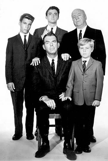 One configuration of the cast of My Three Sons including Fred MacMurray, seated. 