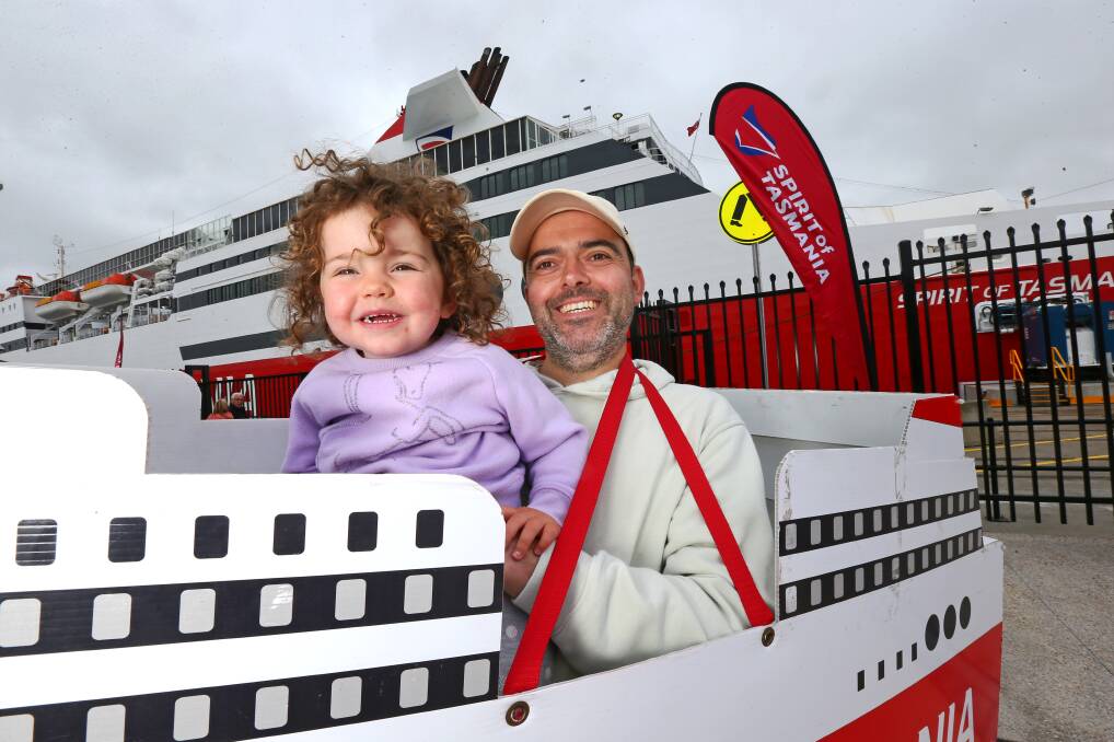 Lee and Maya (two) Unsworth, of Geelong, enjoying the spirit at the opening of the new Spirit of Tasmania terminal. Pictures by Rodney Braithwaite.