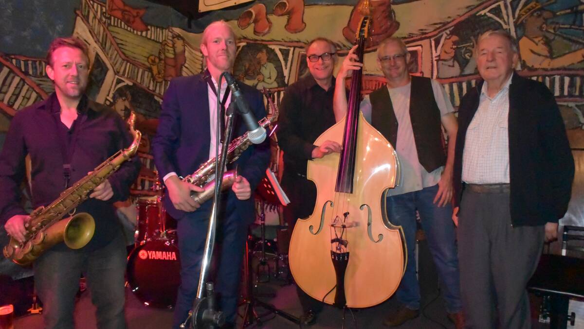 SPECIAL DAY: From left are Jazzamatazz members Phil Pitcher, Damon Warner, Peter Waddle, Beau Thomas with Bruce Gourlay. The group performed at The Royal Oak as part of International Jazz Day.