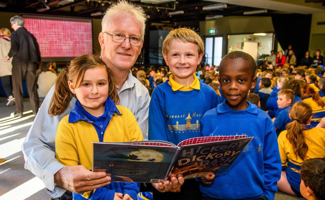 SPECIAL STORY: Mowbray Primary School prep students Tilly Wiffen, Jake Adams and Murtada Mohammed with assistant principal Steve Smyth. Picture: Scott Gelston