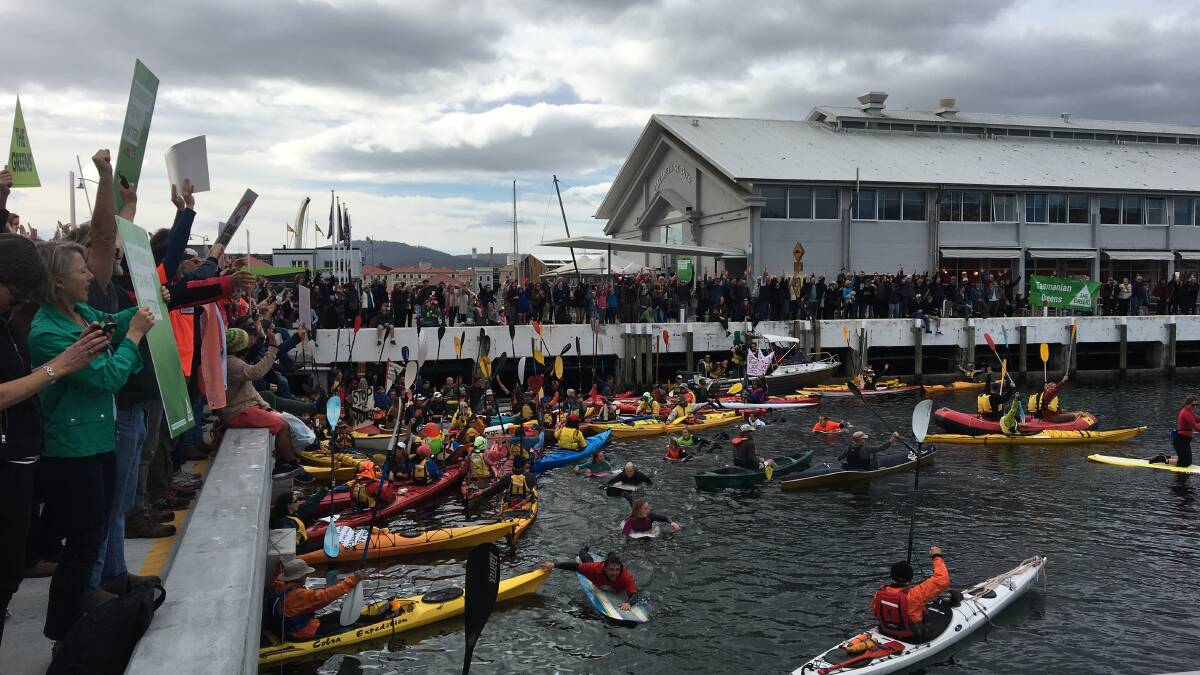 DOCK DISSENT: People gather in Hobart for the FloatMo protest. Picture: Contributed.