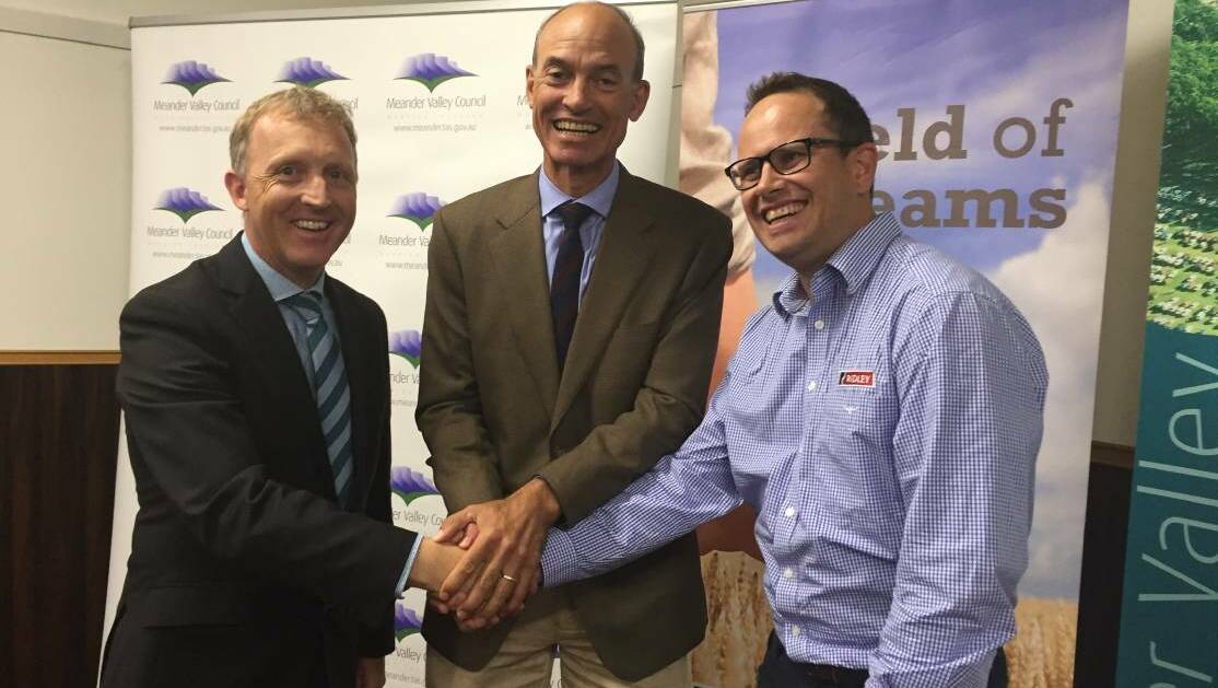 OBS BOOST: Meander Valley Mayor Craig Perkins, Construction Minister Guy Barnett and Ridley's Adrian Lochland. Picture: Holly Monery 