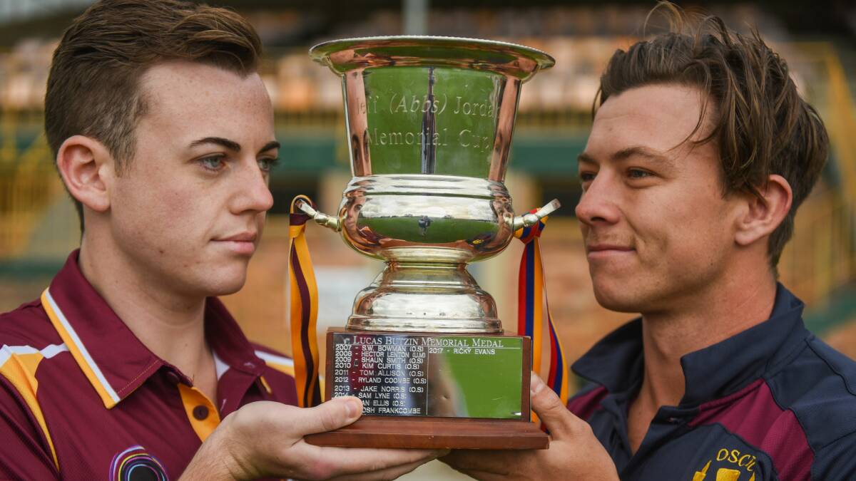 MEANINGFUL MATCH:  Uni-Mowbray's Sean Dwyer and Old Scotch captain Jonty Swallow with the Butzin Jordan Memorial Cup. PIcture: Paul Scambler 