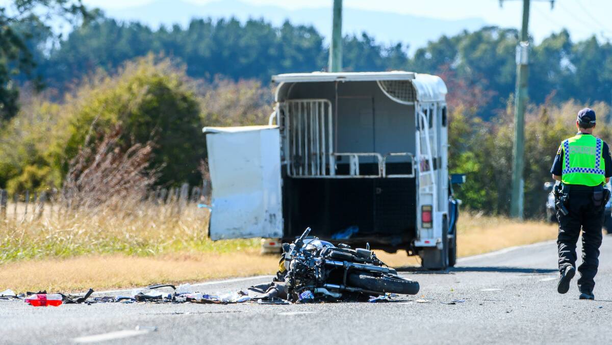 MOTORCYCLE FATALITY: The scene of a fatal crash between a Suzuki motorcycle and a ute towing a large horse float on Meander Valley Road East of Hagley. Picture: Scott Gelston 