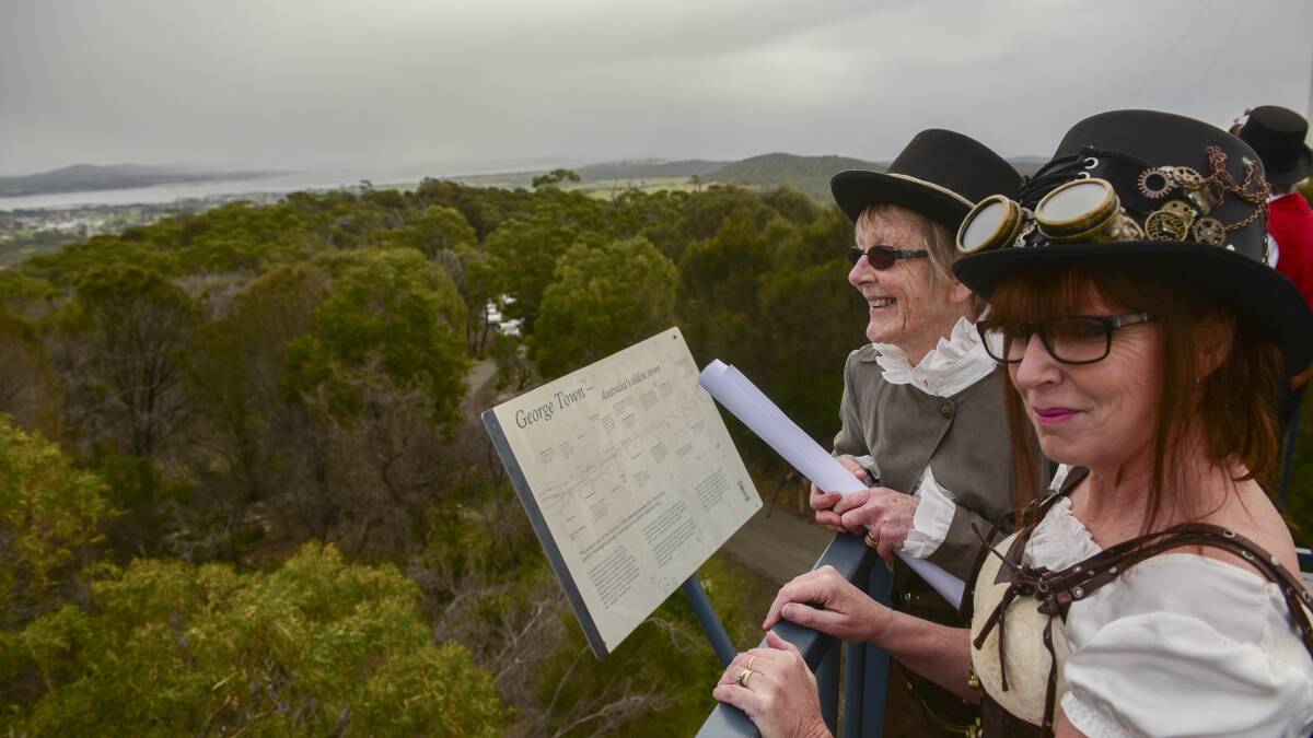 STEAMPUNK PRIDE: Rhonda O'Sign and Anne Cameron at the Mt George lookout at George Town ahead of the 2017 Steampunk Festival. 