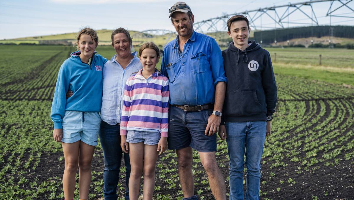 Cressy, Tas, farmers and Zimmatic Trailblazer Sustainable Irrigation Awards winners Eliza and Robbie Tole, with children Phoebe, Georgie and Charlie.