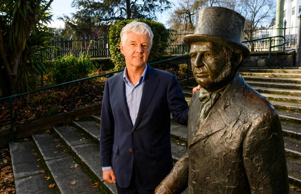 HISTORY: Professor Paul Myles spoke at the eighth annual William Pugh Memorial Lecture on Sunday, pictured with the statue of Dr Pugh at Prince's Park. Picture: Scott Gelston 