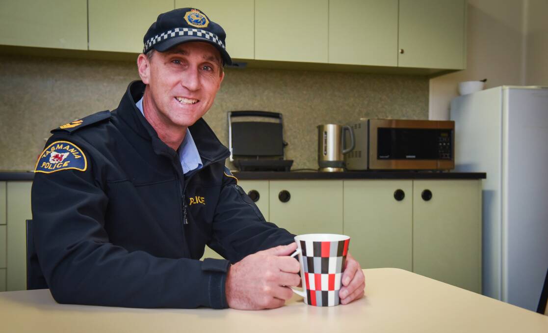 COP: Senior Sergeant Nick Clarke ahead of Neighbourhood Watch Tasmania's 'Cuppa with a Cop' program at Mowbray Plaza on Friday, in conjunction with Tasmania Police. Picture: Paul Scambler