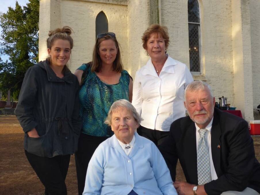 FAMILY: Matthias Gaunt descendants Hannah Jolliffe, Julie Gaunt, Jenny Gaunt, Alison Green (front) and Edgar Gaunt, at last year's 174th anniversary. Picture: Supplied 