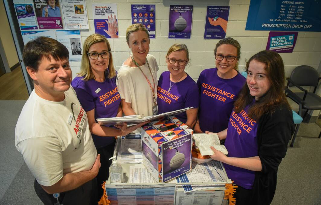 HEALTH: Infectious disease pharmacists Pete Falloon, Sarah Herd, specialist Dr Katie Flanagan, Heather Tomkinson, Kathleen Adam and Sarah Laidlaw during Antibiotic Awareness Week. Picture: Paul Scambler 