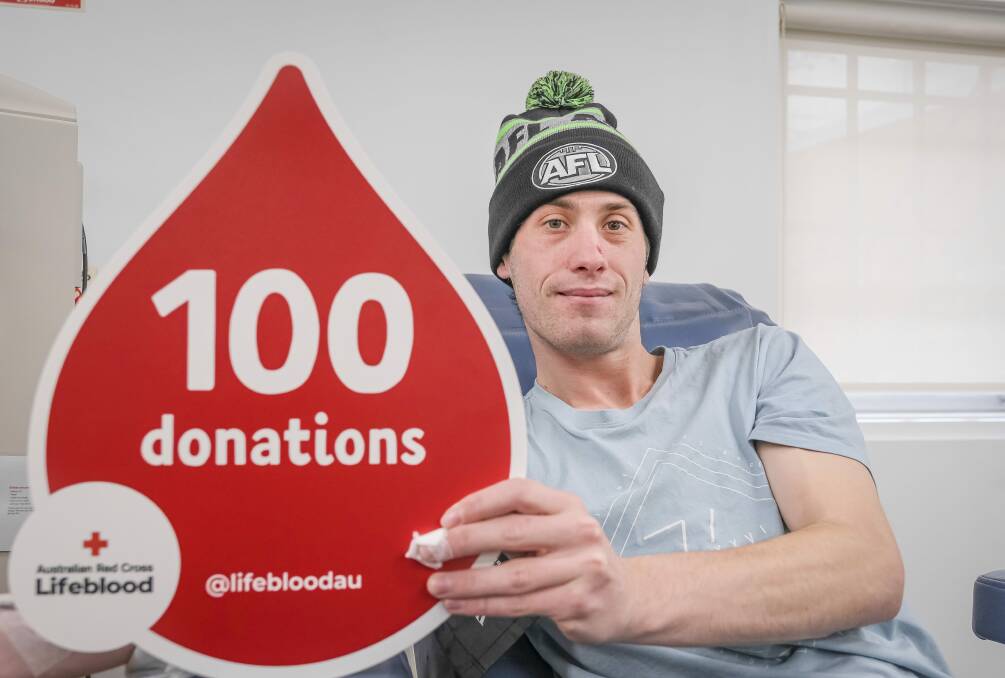 Launceston's Hayden Hill, 25, has clocked up his 100th blood and plasma donation. Picture: Craig George 